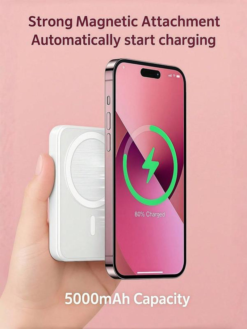 Magsafe Wireless Power Bank 5000Mah - USB Type-C, Supports Iphone 12-17 & Android, Fast Charging, Stylish & Compact, Magnetic Ring Included